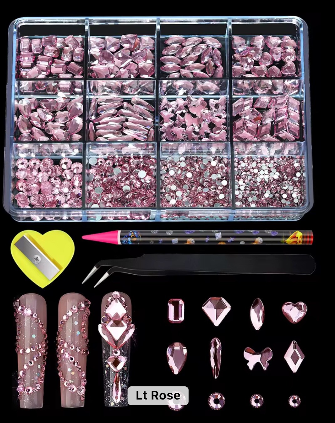 AB Crystal Pink Red Glass Multi Size Multi Shape Rhinestones Art Kit