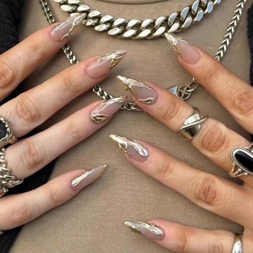 French Tip Press On Nails – Almond Shaped, 3D Wave 0.04 Fl Oz (Pack of 24) Gold