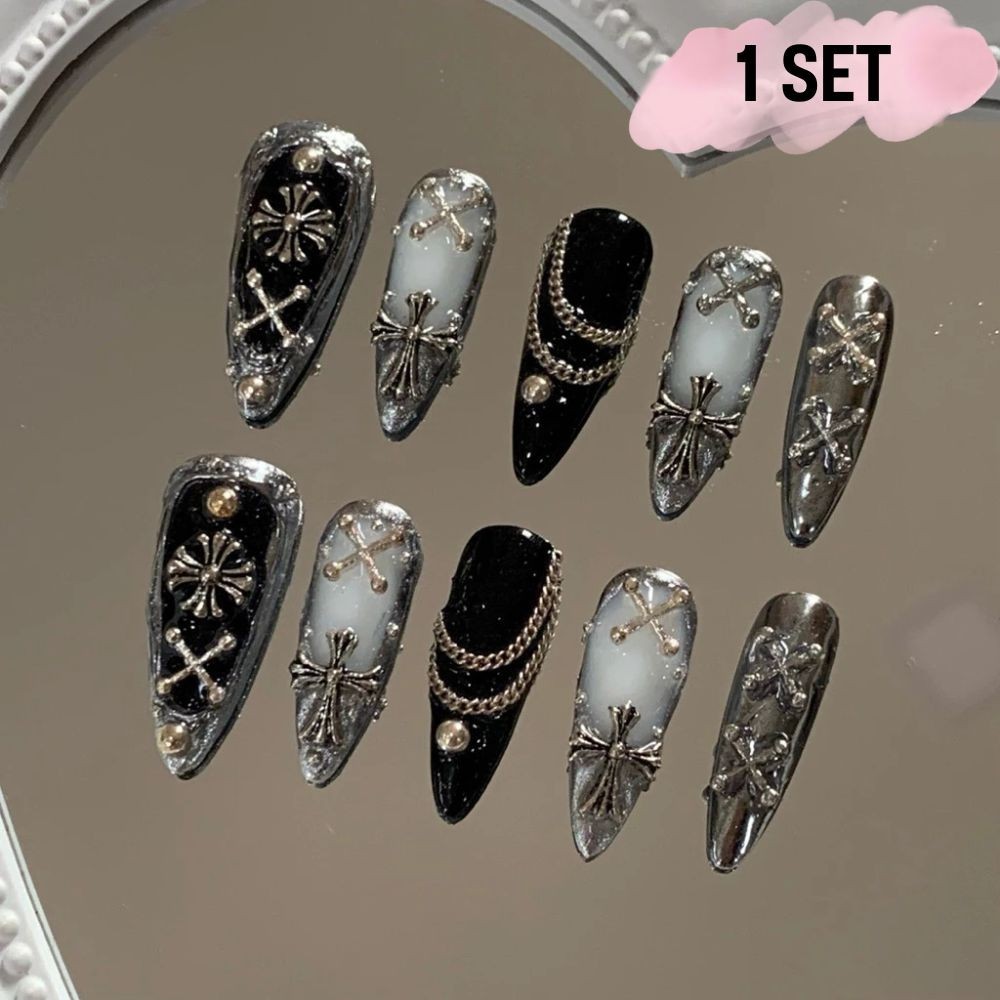Ready-made artificial nails, gel nails, handmade, durable black and silver 1 set