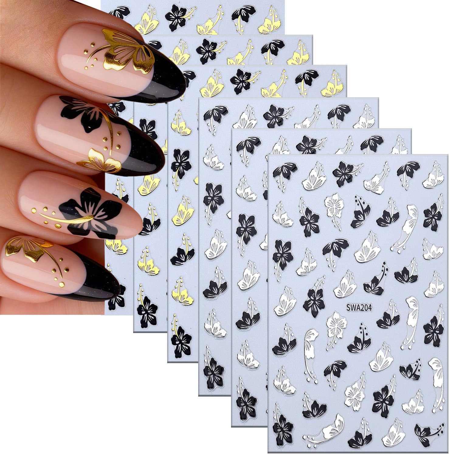 6 Sheets Flower Nail Art Stickers 3D Self -Adhesive Hibiscus Nail Decals Hologra