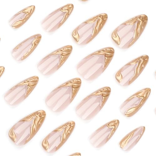 French Tip Press On Nails – Almond Shaped, 3D Wave 0.04 Fl Oz (Pack of 24) Gold