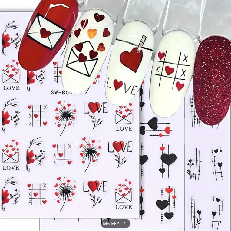 3Pcs Nail Art Sticker Heart Valentine Decals Manicure DIY Peel & Stick NH6