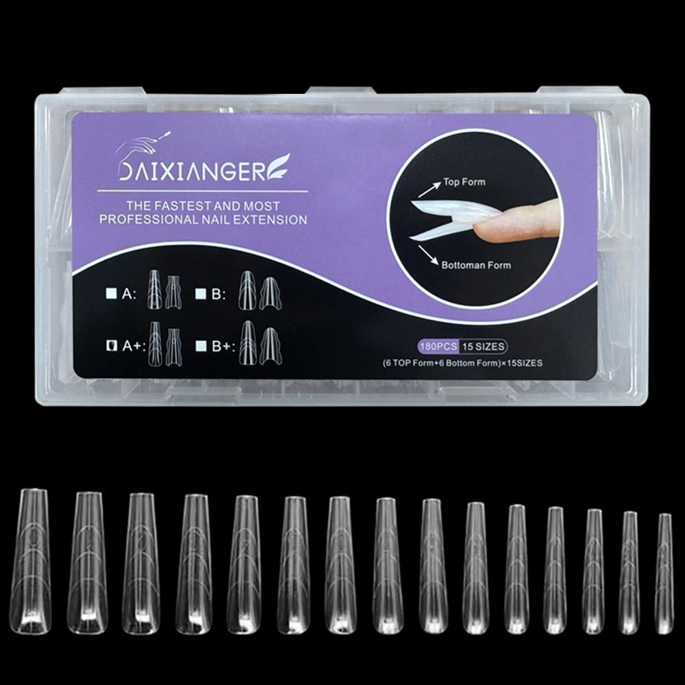 180Pcs Dual Form Nail Extension Tips, 15 Sizes Clear Tapered Dual Mold Nail T…