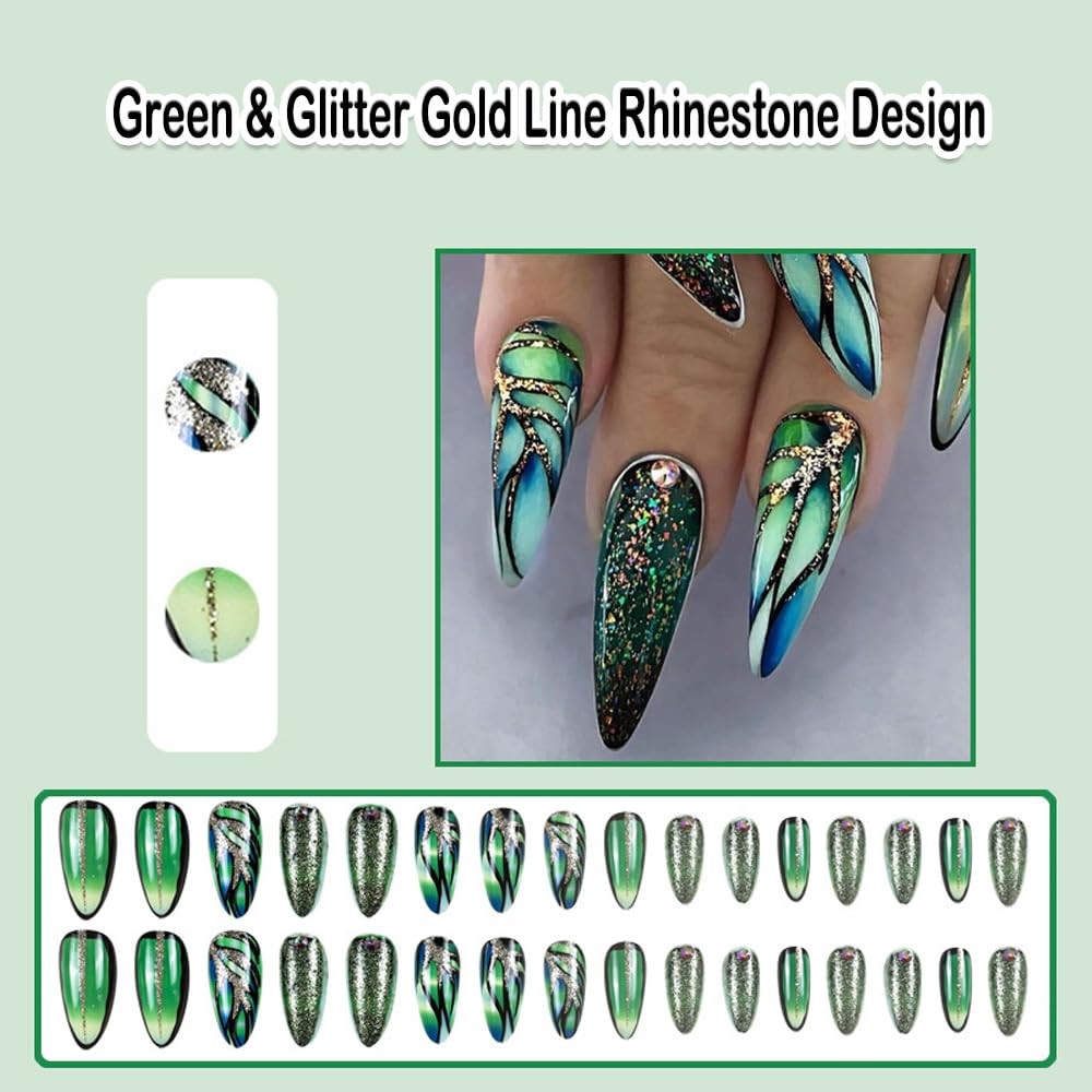 Green Press on Nails Almond Short Medium Fake Nail with Glitter Gold Line Rhi…