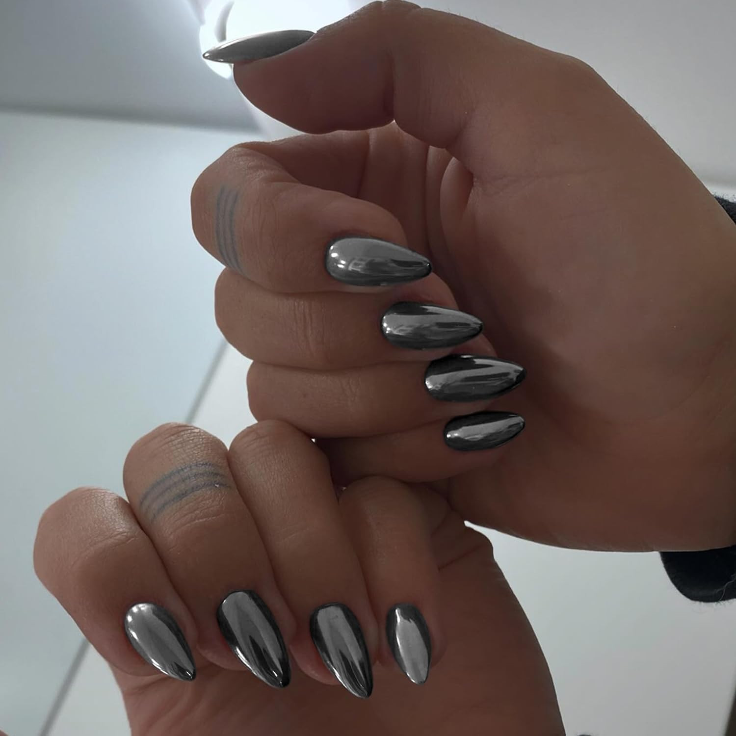 Black Chrome Press on Nails Medium Almond Nails Press ons Metallic Nails Glue on