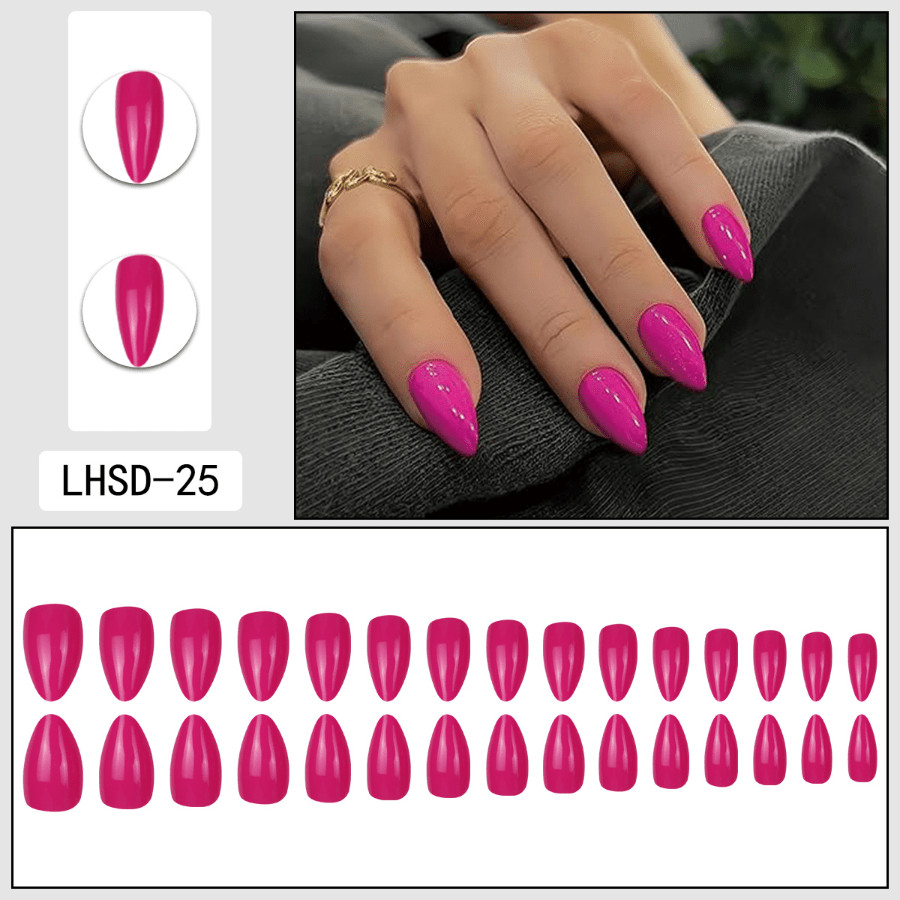 60pcs Stiletto Press on Nails, Hot Pink Solid Glossy Bright Color Fashion Nails
