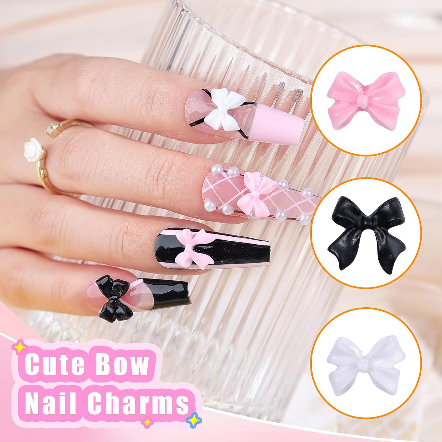 Charms Kit for Nails, 400Pcs Bow and Flatback Pearls Set, 3D Acrylic Rhinestones