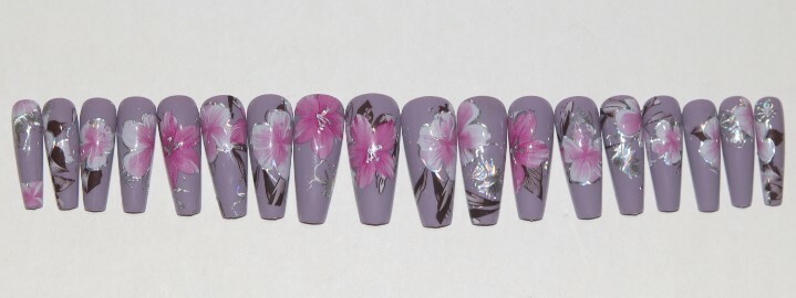 Lavender with Pink Flowers- press on nail set- Set of 18 Ex-long Ballerina