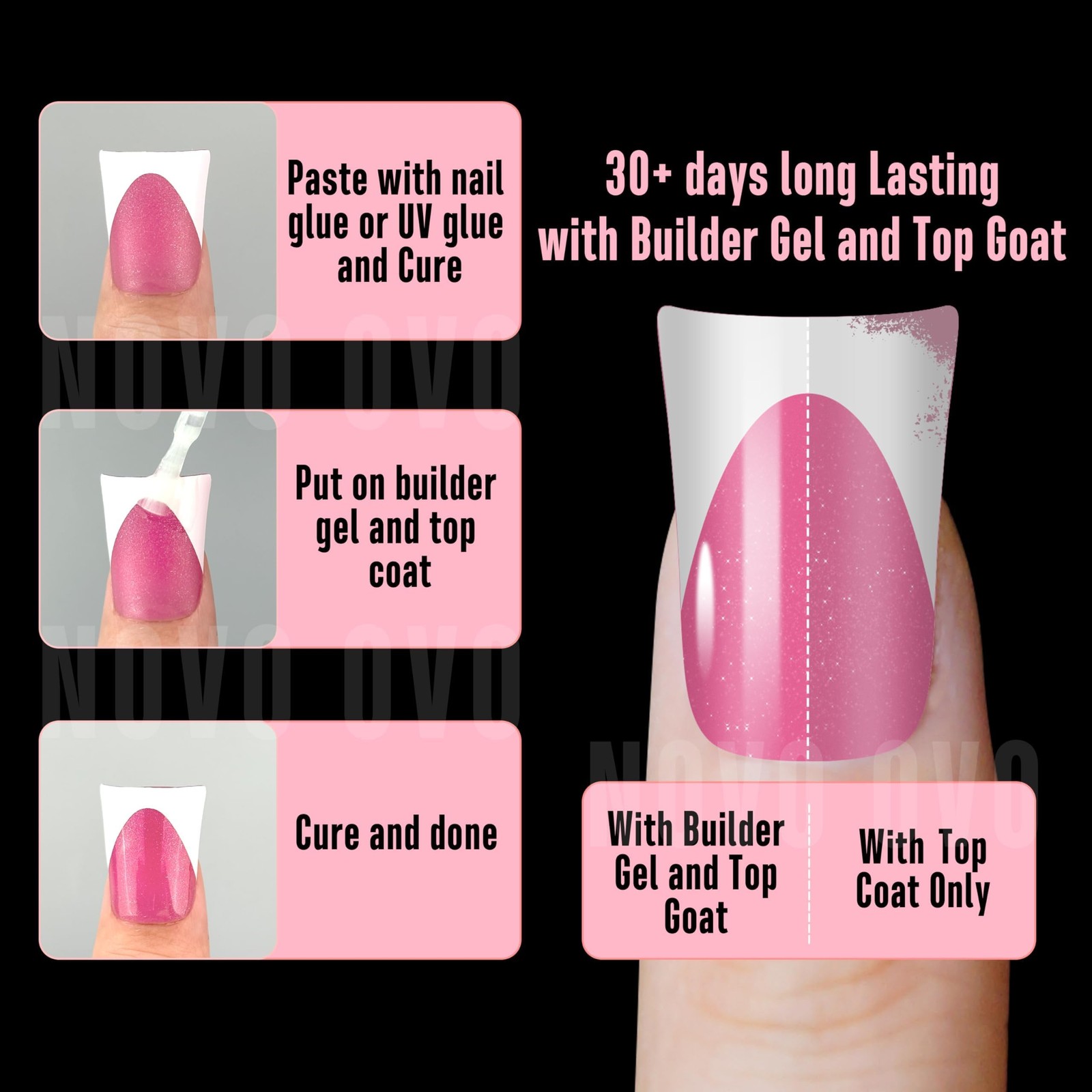 NOVO OVO Short Duck Nail Tips French Tip Press On ROSE PINK with Glitter, Sof…