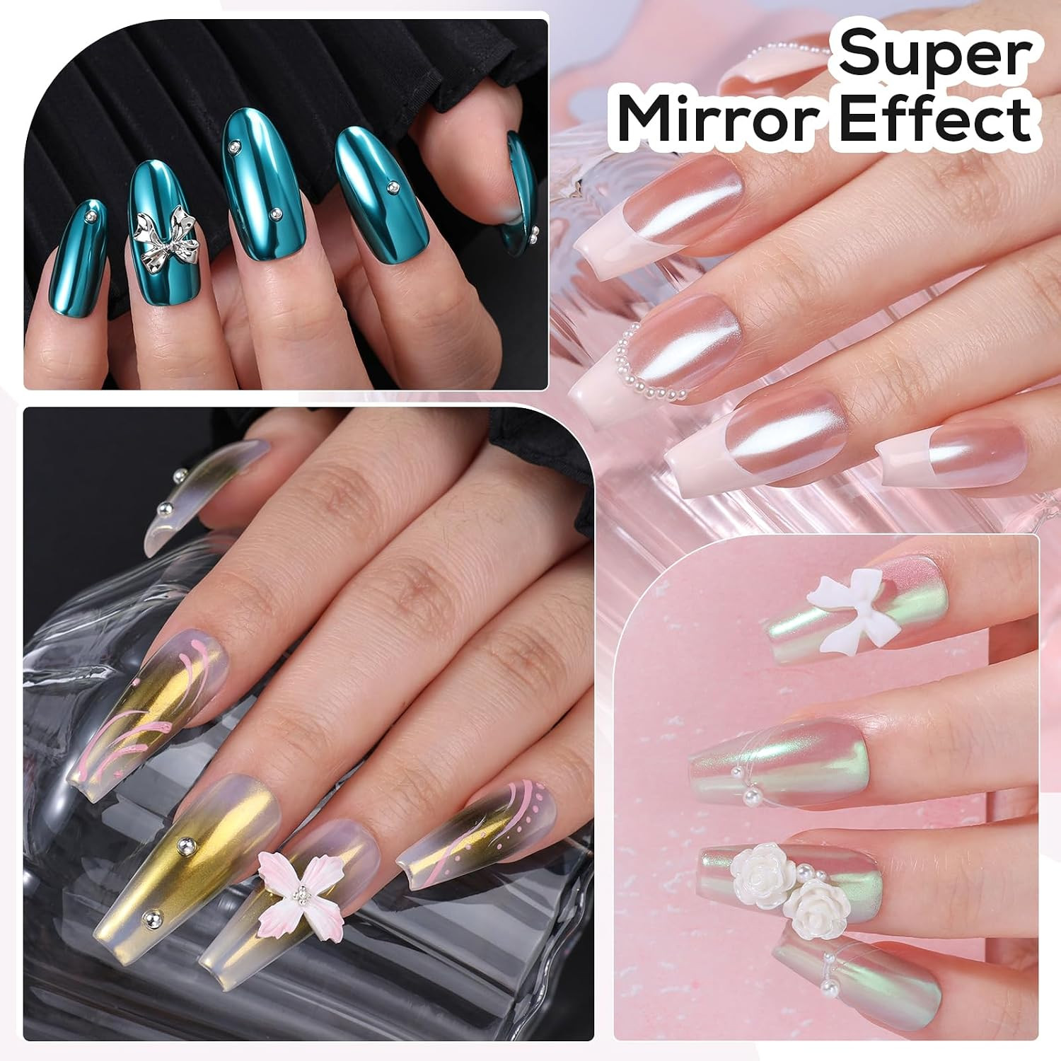 Metallic Mirror Chrome Nail Powder – 16 Colors Holographic Nail Art Set | Aurora