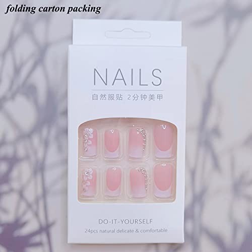 SINSEN Pink Square Fake Nails French Tip Press on Nails Medium Length, 24Pcs