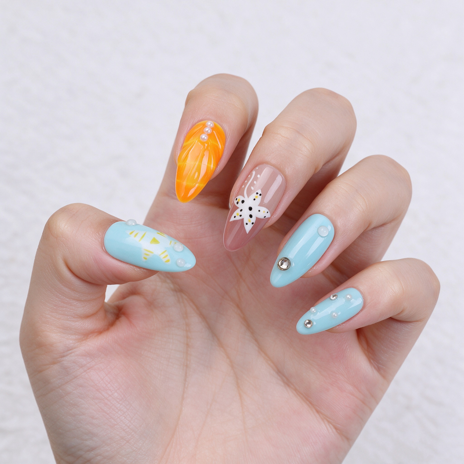 Press On Nails Medium Almond Blue Orange 3D Floral Pearl Summer Beach Nail Set