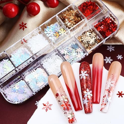 Christmas Snowflake Glitter Nail Sequins, 12 Grids 3D Colorful Mixed Color A