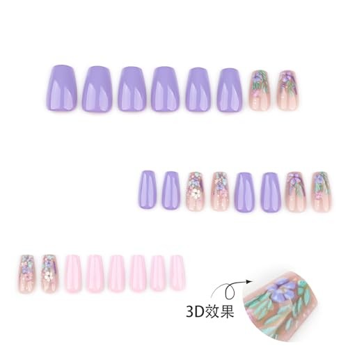 French Flower Press on Nails Coffin Medium Fake Nails Glossy Purple Style 6