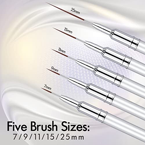 5pc Nail Art Brush Set Liner Gel UV Polish Metal Handle 7-25mm