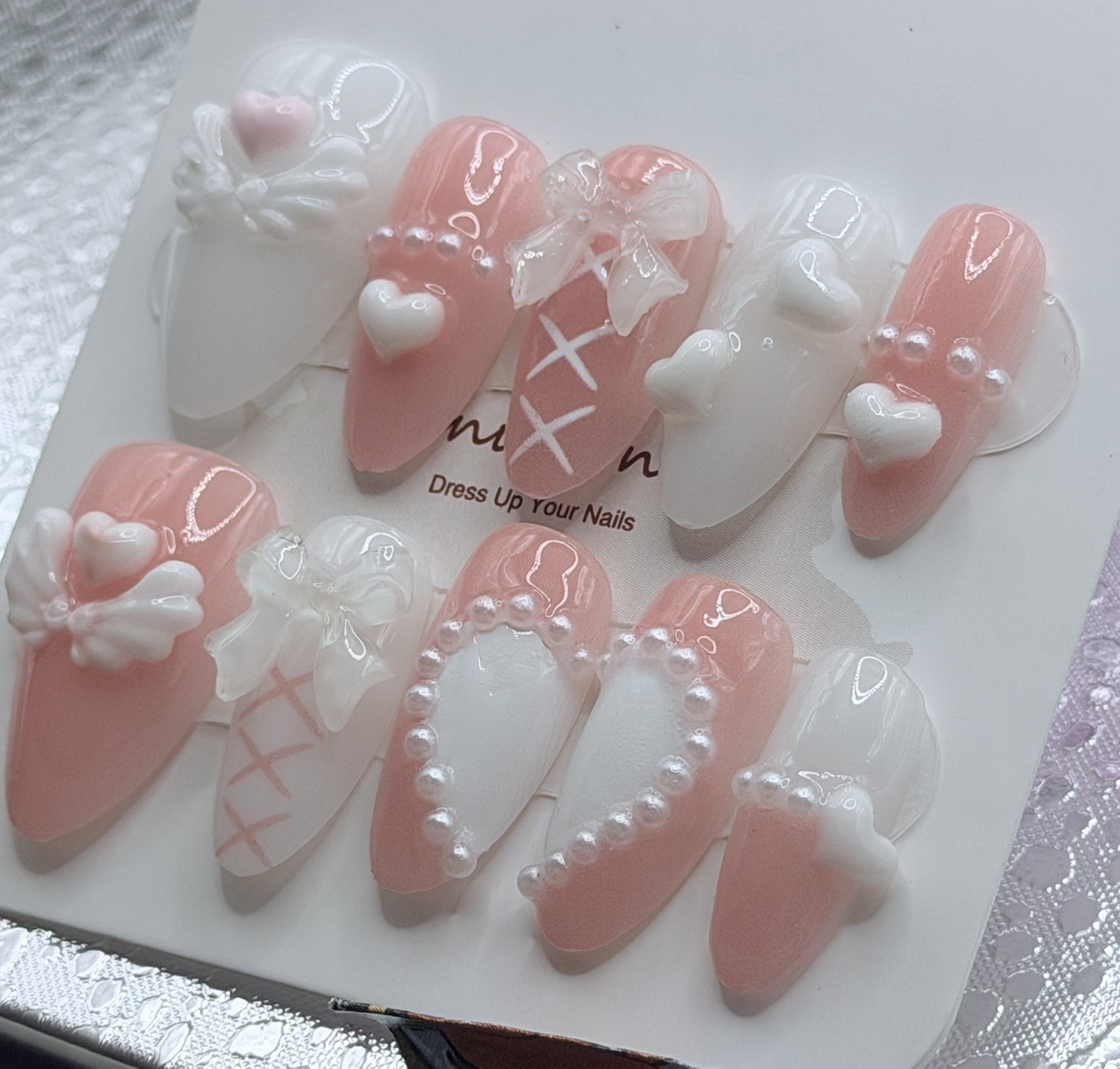 10 PCs Handmade Medium Length Almond Press On Nails Angel Wing Heart Pink White