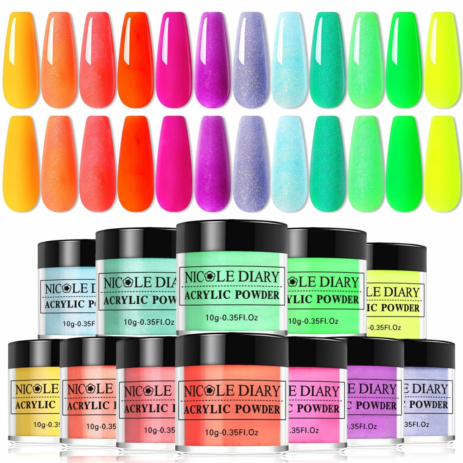 12 Jar Set NEON Nicole Diary Acrylic Powder Prof Starter Kit Brand New Unused