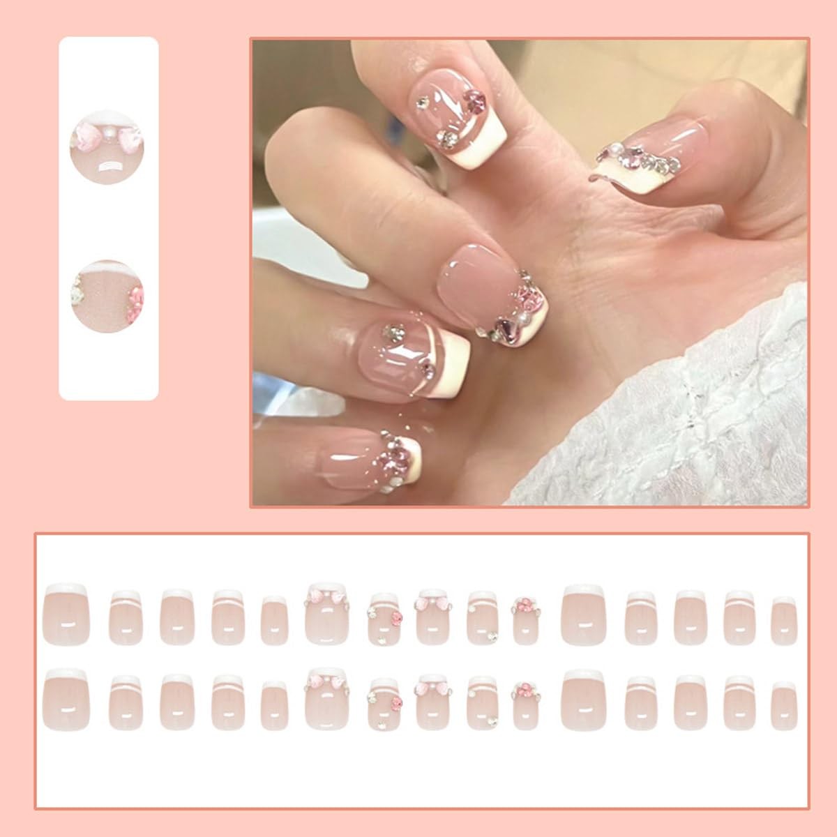 Pink Medium Square Fake Nails Glossy White French Tip Press Nails Reusable St…