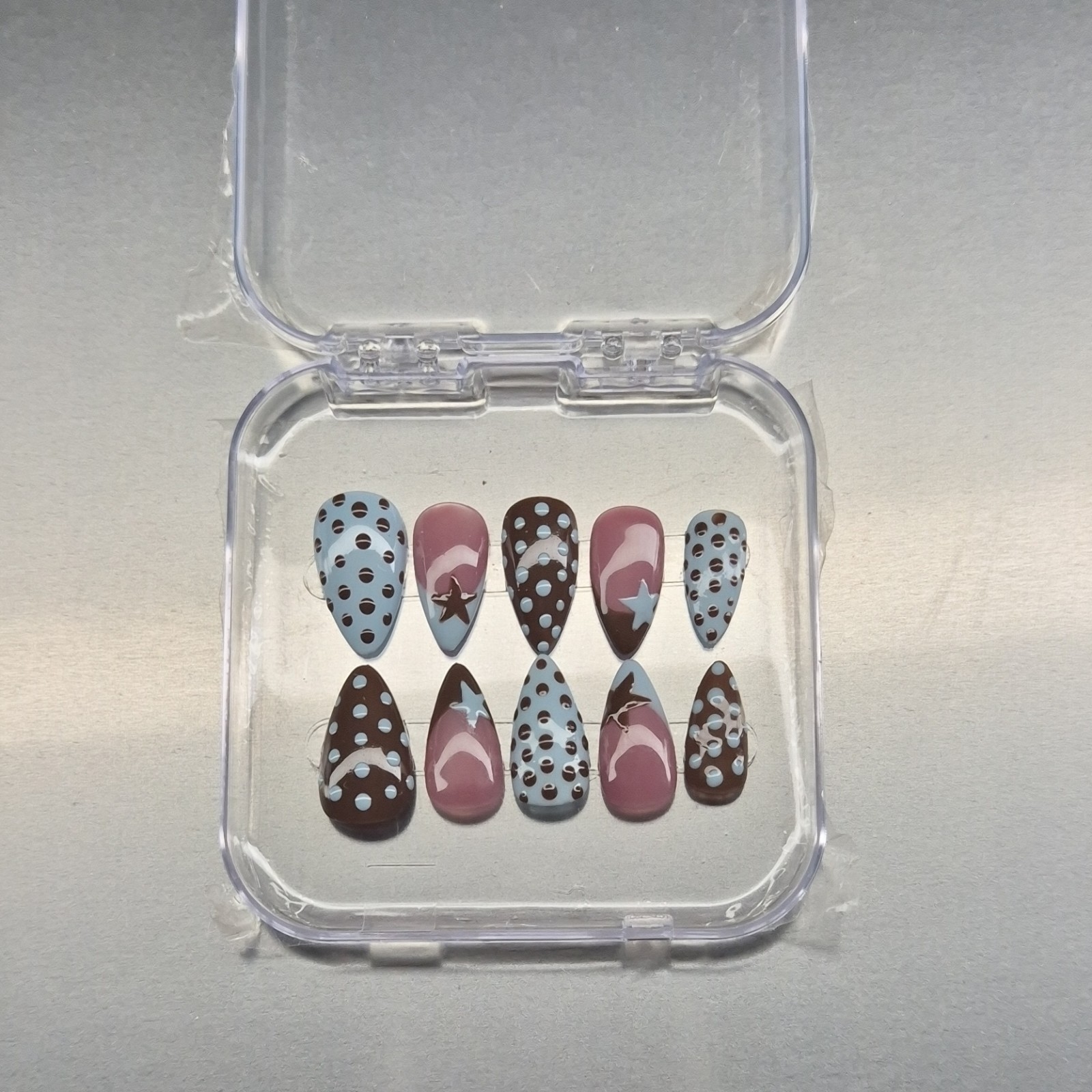 Blue Brown Pink White Star Polka Dot Almond Press-On Nails Medium Full Cover Set
