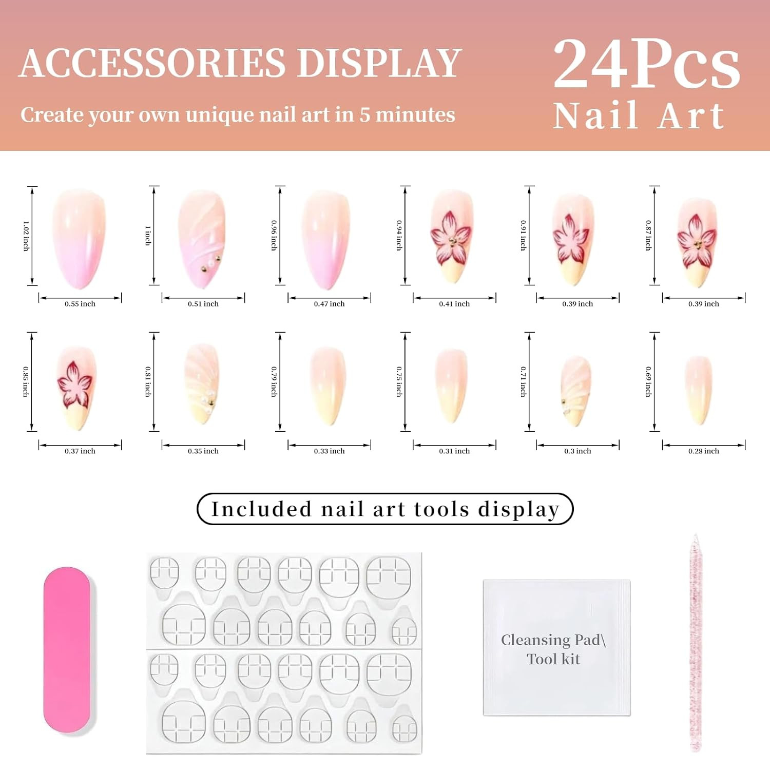 24Pcs Flowers Press on Nails Medium Almond Fake Nails 3D Floral with Gold Beads
