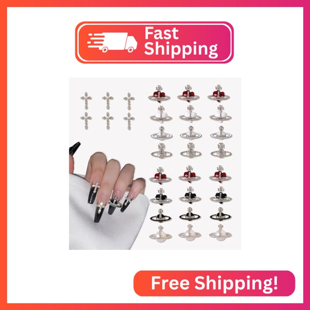 30 PCS Heart Planet Nail Art Charms – Rhinestones, Red, Black, White 3D Cross, S