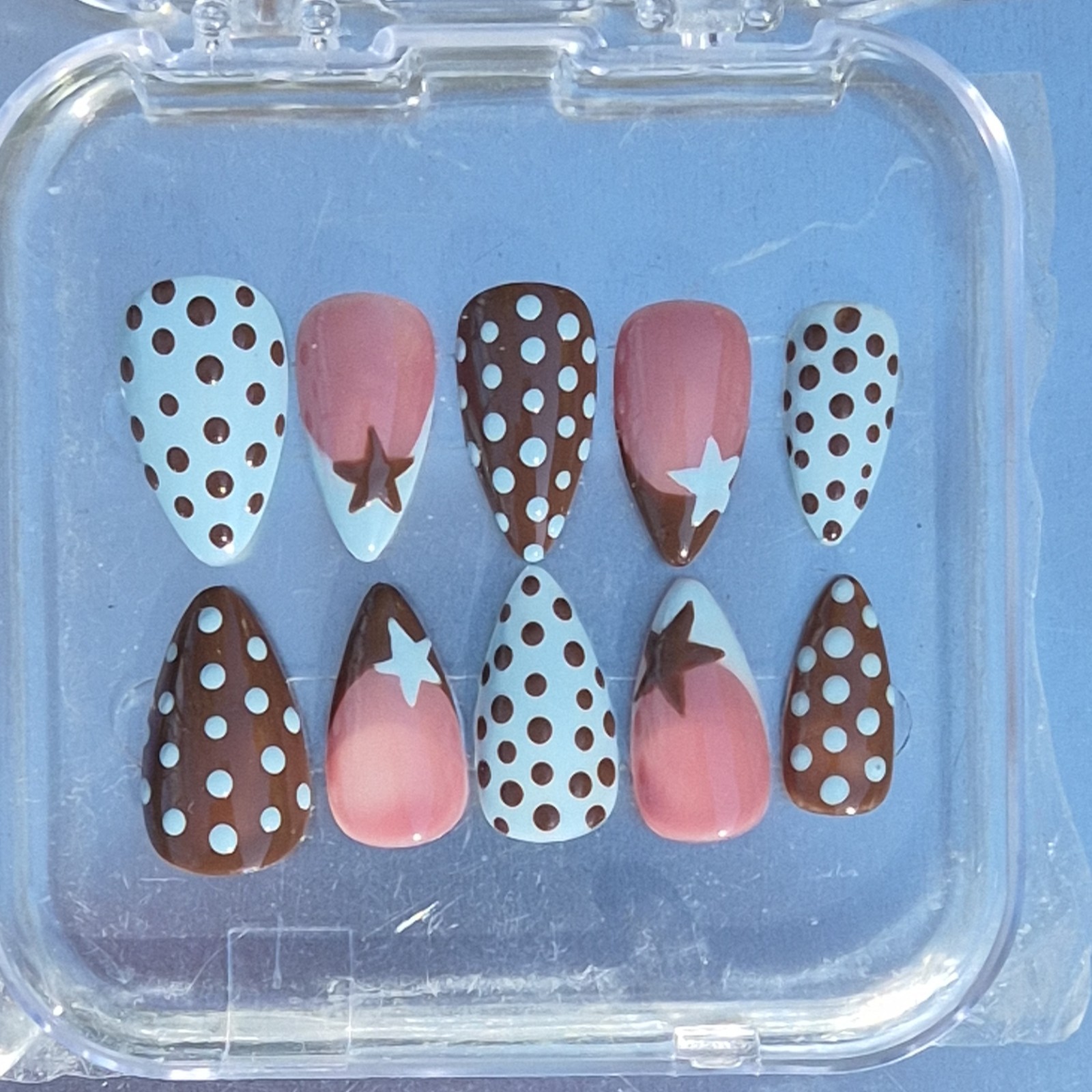 Blue Brown Pink White Star Polka Dot Almond Press-On Nails Medium Full Cover Set