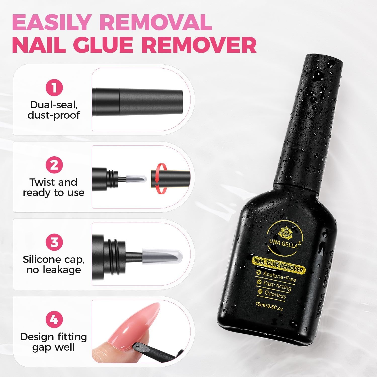 UNA GELLA Nail Glue Remover for Press on Nails 15ml Upgraded Stick & Remove 2 in