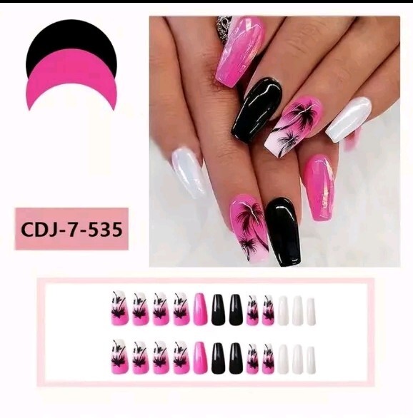 Palm Tree Design, Medium Length, Glossy Finish, Summer Beach Style False Nails