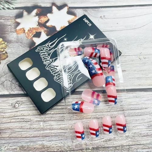 4th of July Press on Nails Short Square Fake Nails French Tip False Nails-1