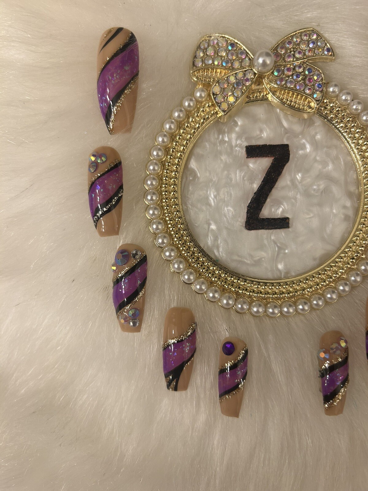 Z NAILZ! Gorgeous Set Of M Long Coffin Nude Press On Nails With Swirls And Bling