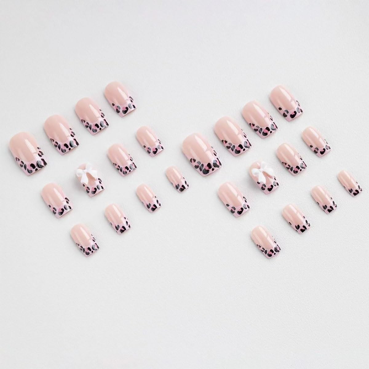 Pink French Tip Press On Nails – Medium Square Leopard Bow Design, Nude Glitt…