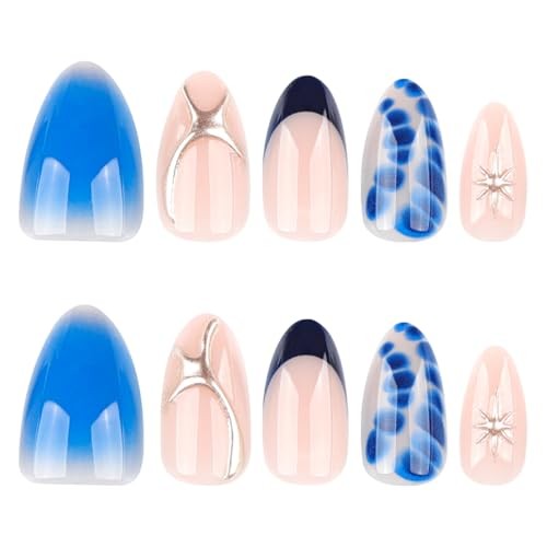 Almond Short Spring Blue Smudge Nails – Style A25 – Press on Nails