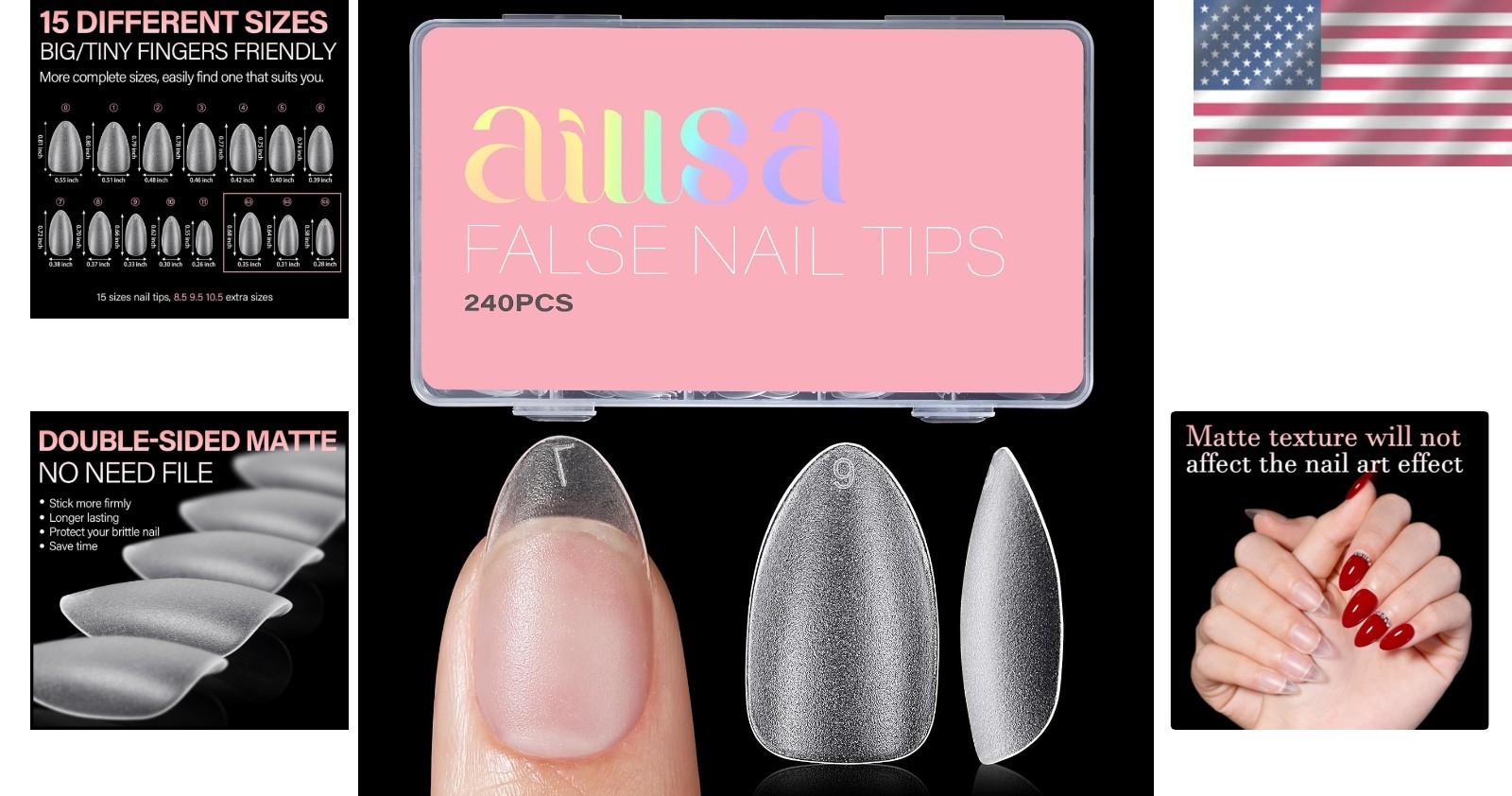 High-Quality Full Cover Almond Nail Tips – 240 PCS Press On with Storage Box