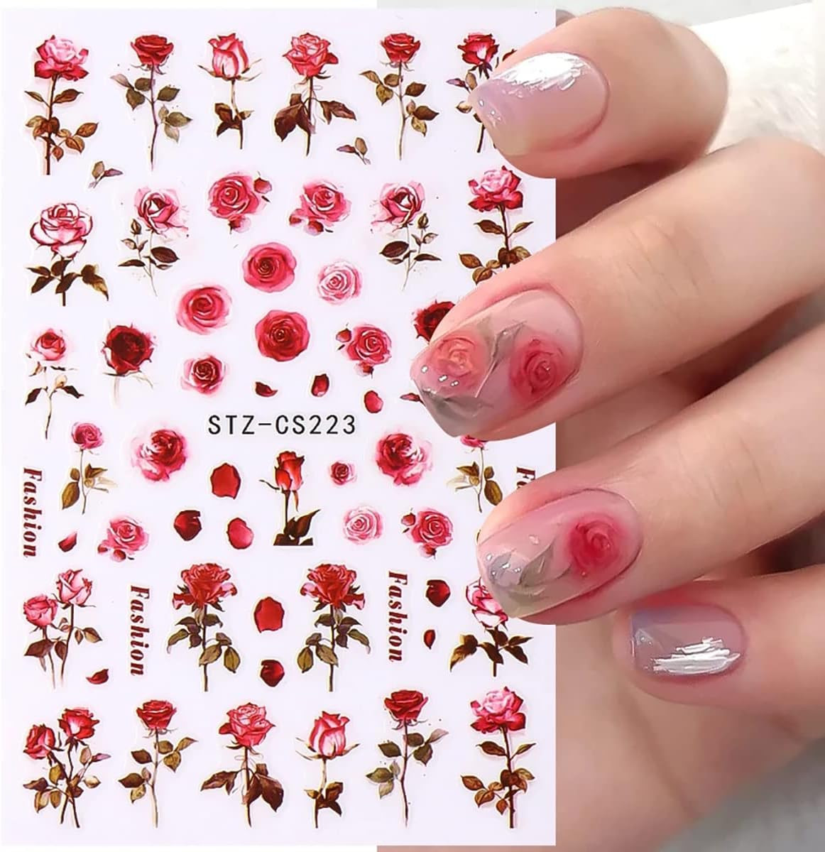 6 Sheets Flower Nail Art Stickers 3D Self-Adhesive Spring Rose Nail Decals Charm