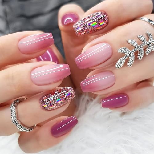 24Pcs Glitter Press on Nails Coffin Medium Fake Nails Pink Purple Nails Press