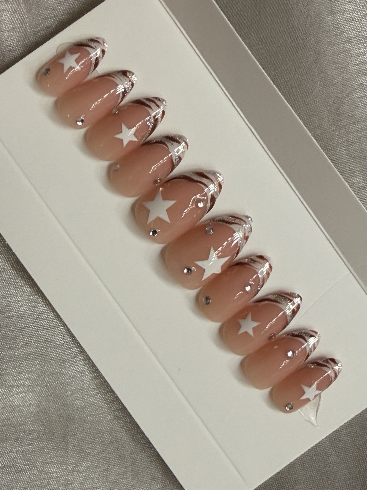🎀 CUSTOM Hard Gel Press On False Nails French ZEBRA 10p Set Medium Almond W Kit