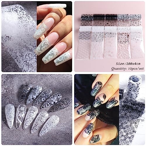 10 Rolls Lace Nail Art Foil Transfer Black White Flower Foil Transfers Decals