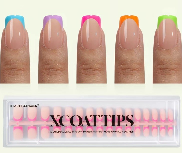 BTArtboxnails Neon French Tip Press-On Nails Square Medium Nude Multi-Color