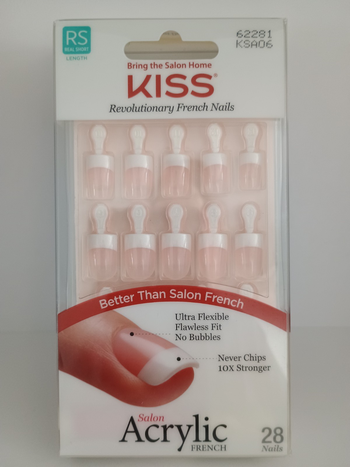 Kiss Salon Acrylic French Glue-on Real Short Nails #62281 KSA06 (Pack of 1)