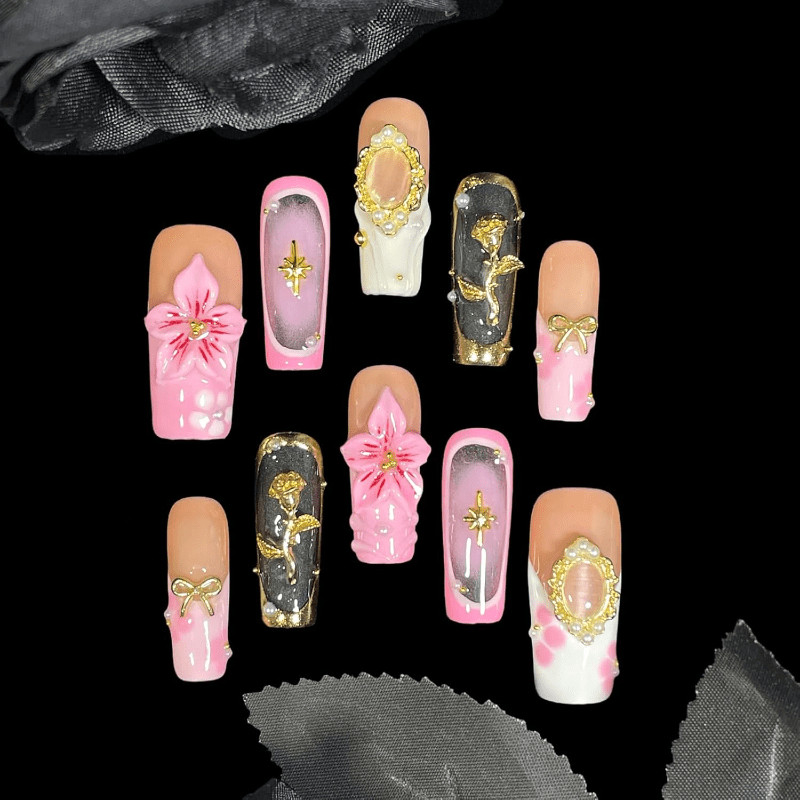 10Pcs Pink Rose Floral Press on Nails Rhinestone Pearl Bow Glam Fake Nails