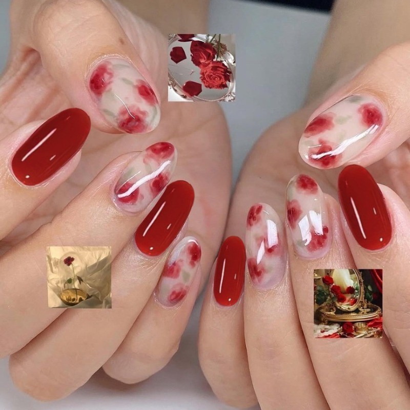 48PCS Red and White Gradient Rose Watercolor Reusable Fake Nails
