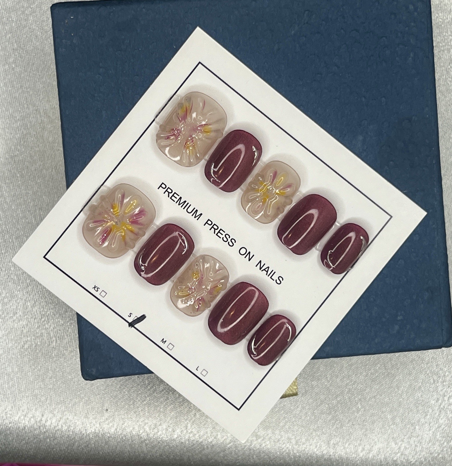 Burgundy Nude Yellow Pink 3D Square Flower Press-On Nails, Full Cover, size S