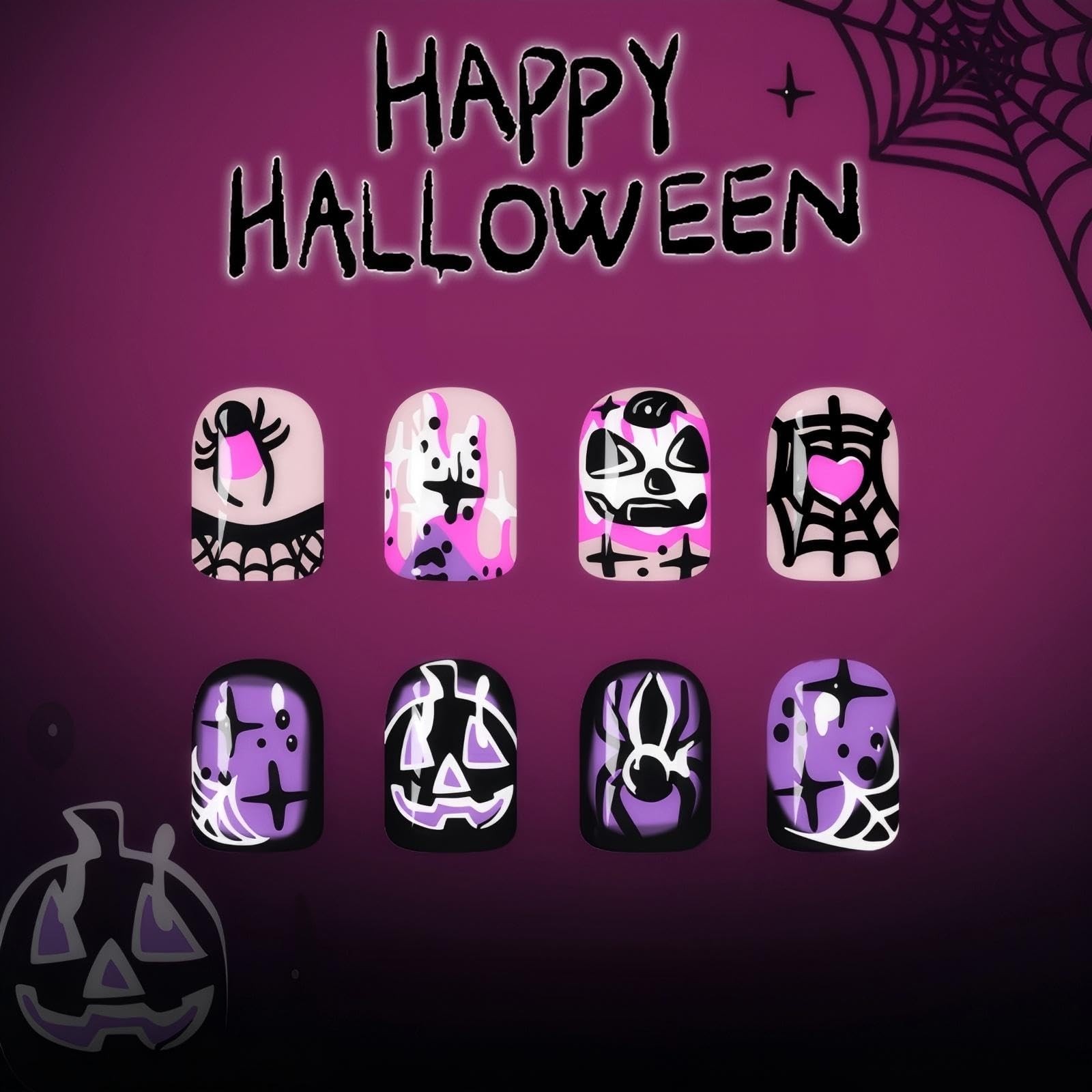 Short Square Press on Nails Halloween Fake Nails Spider French Tip Design Fal…