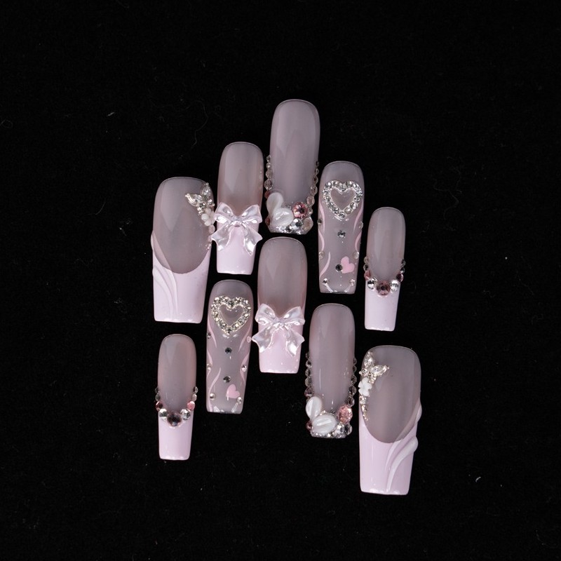 10pcs Pink French Nails 3D Bow Heart Beads Sweet Wedding Vacation