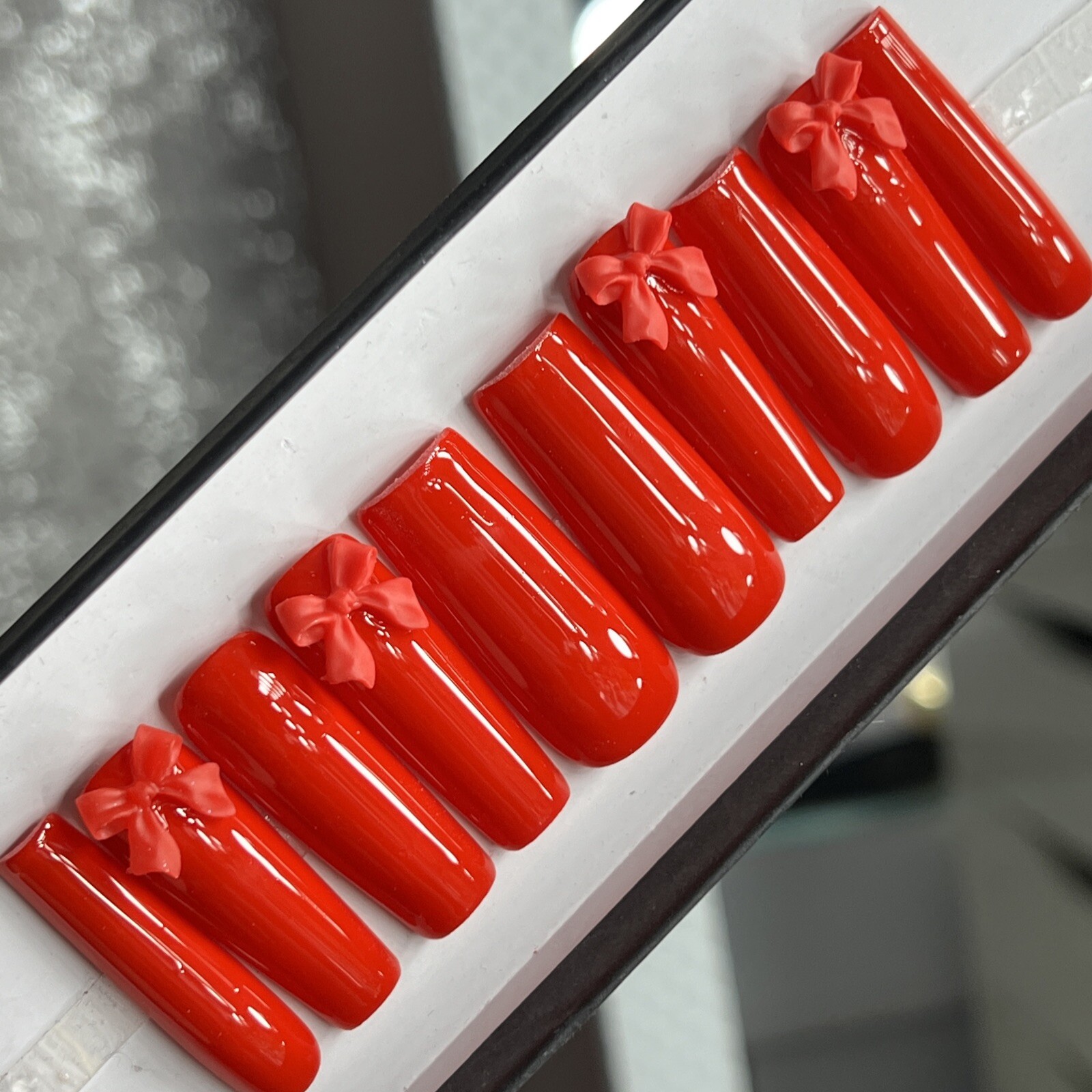 🔥CUSTOM Gel Press On Nails, CLASSIC RED BOW, 10p set FULL SET W Kit LONG SQUARE