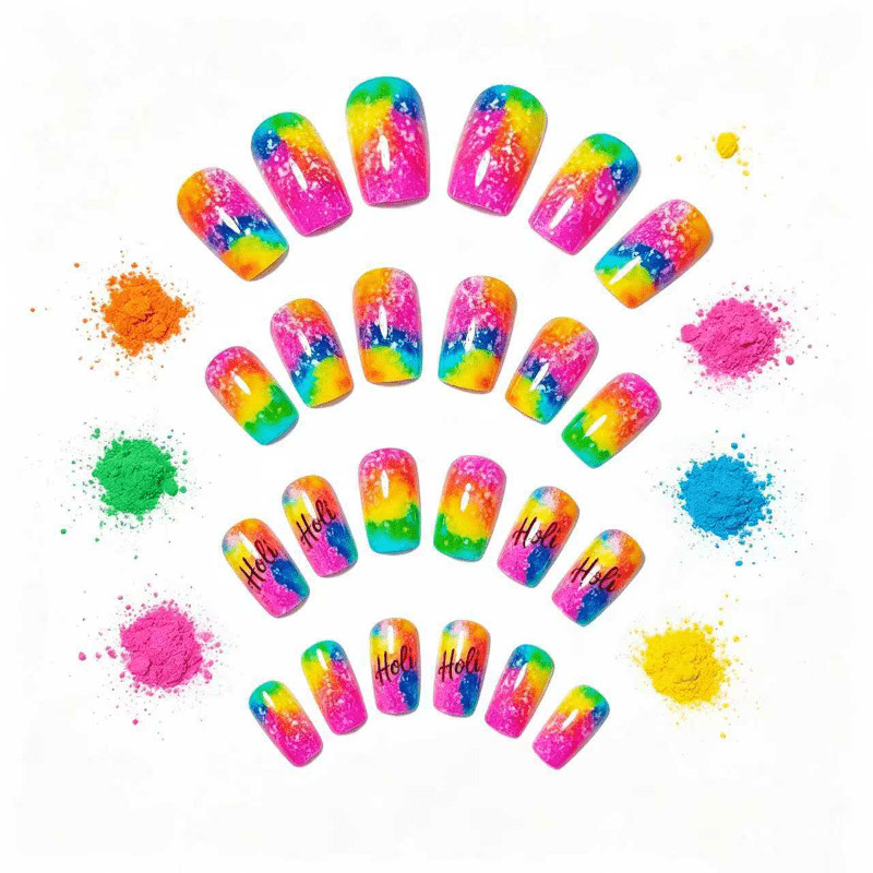 48 Pcs Rainbow Glitter Holi Print Press on Nails, Long Coffin Bright Fake Nails