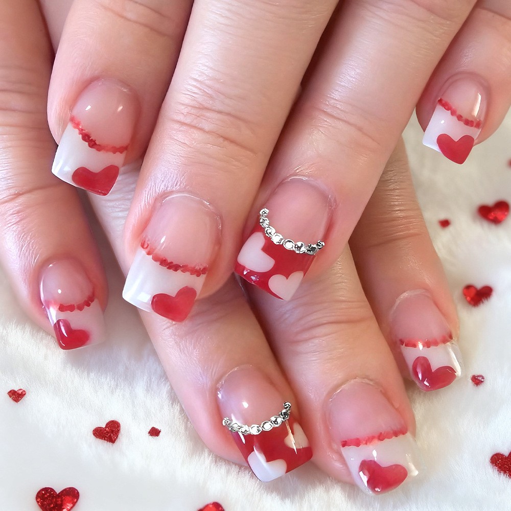 24pcs Short Pink Heart Glitter Nails. Shiny, Reusable for Parties & Any Occasion