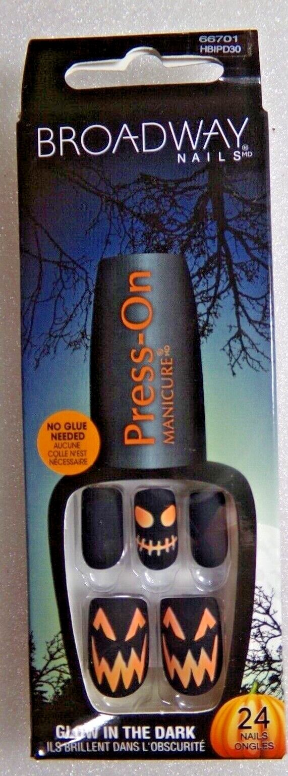 Broadway NAILS PRESS ON Medium – Black Halloween Jack-O-Lantern Glow in Dark