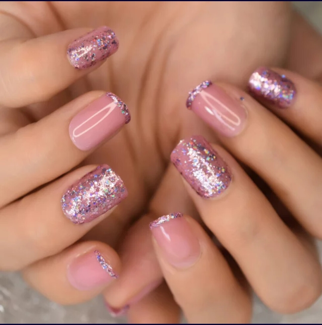 24 Short Press on nails kit w glue pink purple glitter