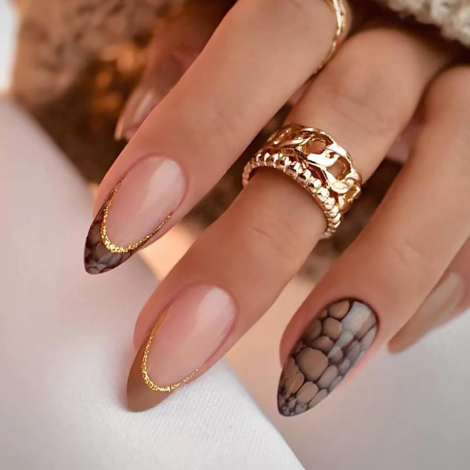 24 Pcs Fall Press on Nails French Tips Almond Fake Nude & Brown False Gold Gl…